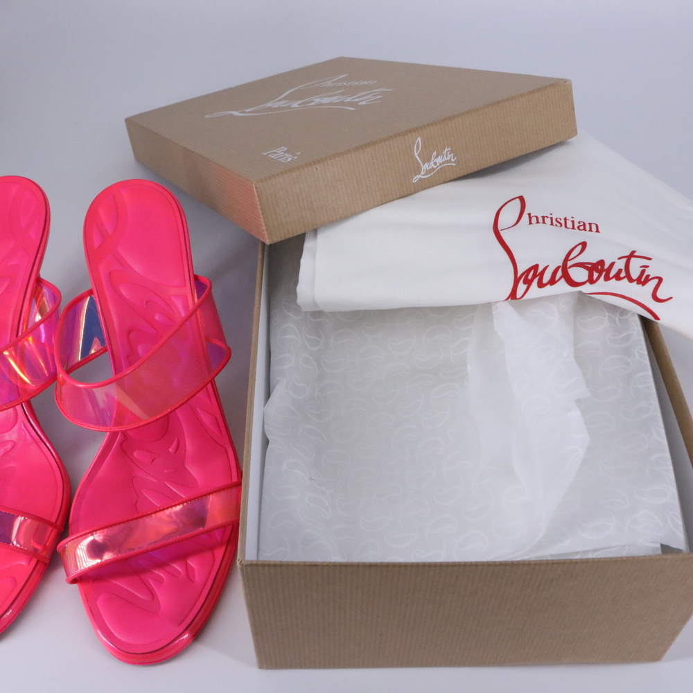 Christian Louboutin 40 Just Loubi 85mm Neon Pink Fluo Barbie PVC Sandals E751 - Picture 4 of 12